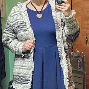 Gorgeous, Cozy Sweater with a Hood in Navy, White, Gray, Brown, and Cream